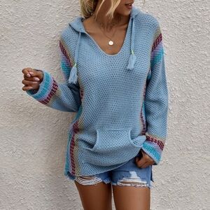 Womens Blue Boho Knitted Oversized Hoodie Kangaroo Pocket SMALL